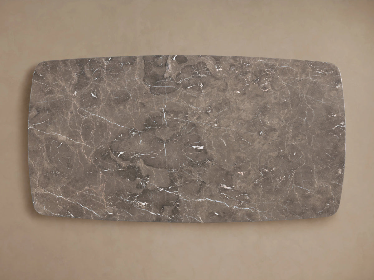 Saint Germain Dining Table with stone top in espresso brown featuring unique veining and mineral patterns, neutral background.