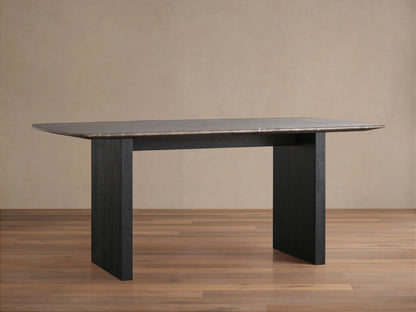 Corner of the Saint Germain Stone Top Dining Table showing espresso brown stone with natural veining and subtle texture.