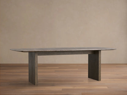 Front view of the Espresso Brown Saint Germain Stone Top Dining Table with Wood Clement Base, with two thick rectangular dark wood legs.