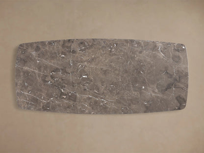 Close-up of the espresso brown stone top, detailed with white veining, for the Saint Germain Stone Top Dining Table with Wood Clement Base.