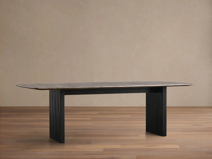 Front view of the Saint Germain Stone Top Dining Table with an espresso brown stone top and ebony Wood Clement Base.