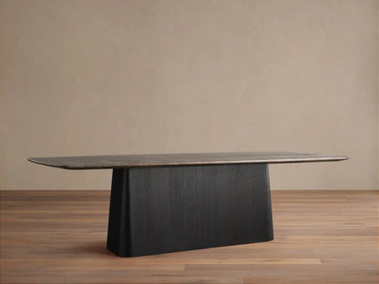 Saint Germain Stone Dining Table with rounded rectangular dark espresso stone top and dark wood block Toulouse base.