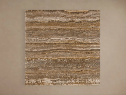 Front view of the rectangular Saint Germain Bistro Table with a striated grey-brown stone top and a flared sandy yellow metal base.