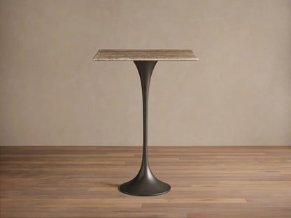 Front view of the Saint Germain Square Bar Table with a light woodgrain square top and a dark tapered pedestal base.