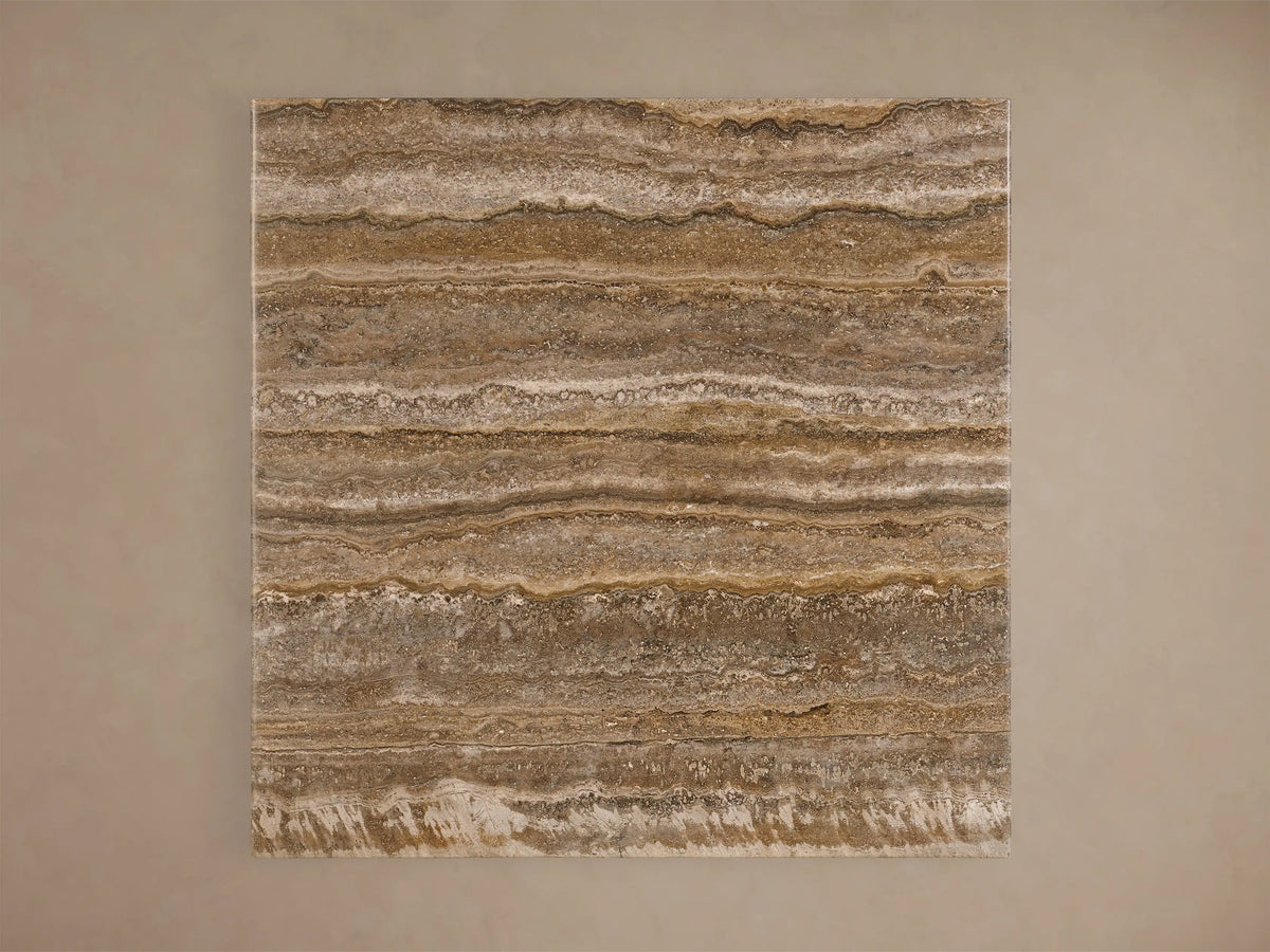 Front view of the Saint Germain Square Bar Table featuring a light natural stone square top with horizontal stripes and a dark steel pedestal base.