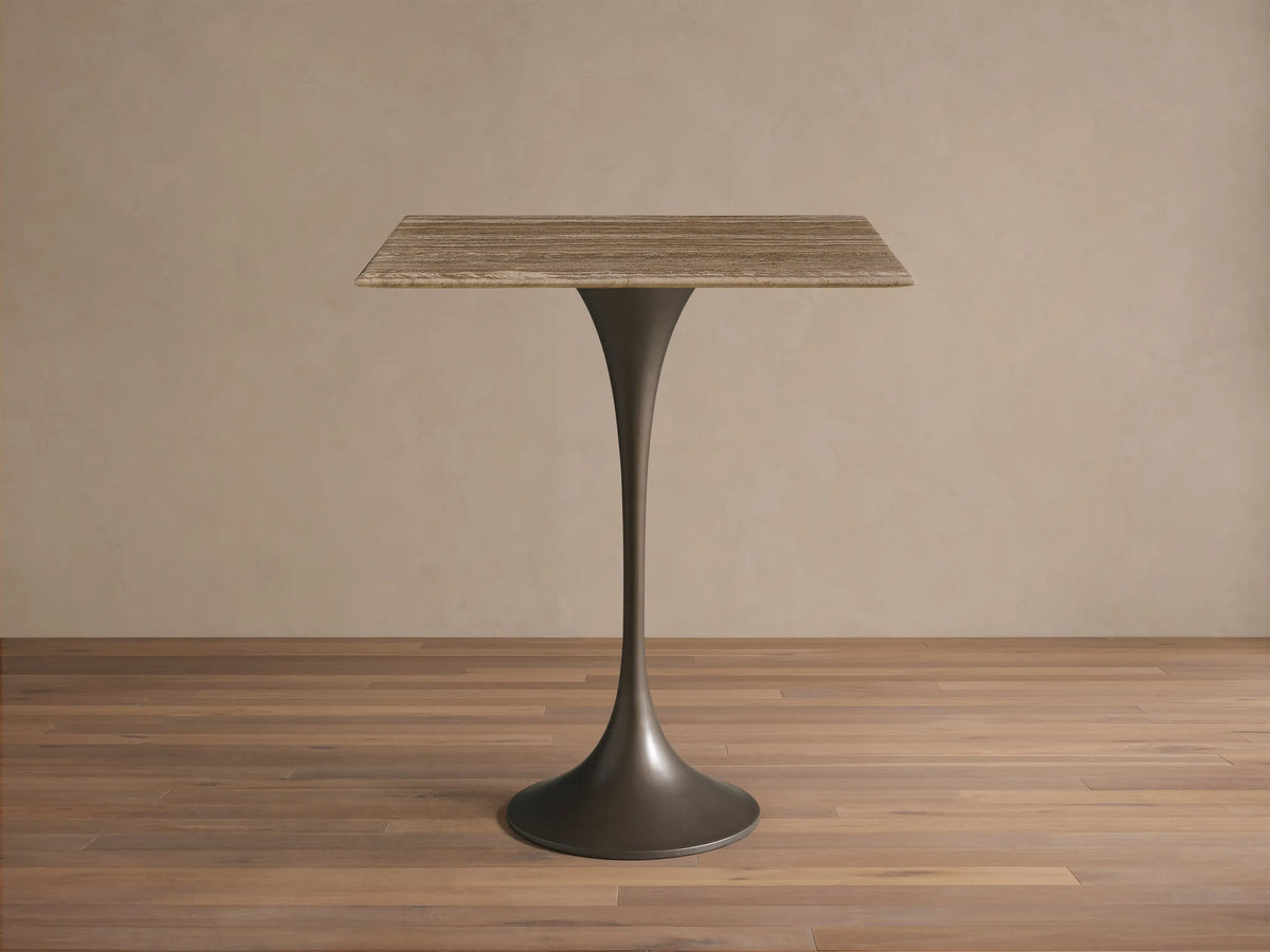 Front view of the Saint Germain Square Counter Table, featuring a light chestnut oak wood square top and a dark steel trumpet base.