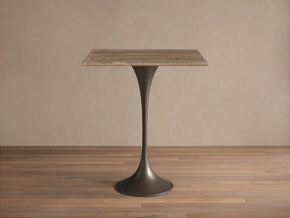 Front view of the Saint Germain Square Counter Table, featuring a light chestnut oak wood square top and a dark steel trumpet base.