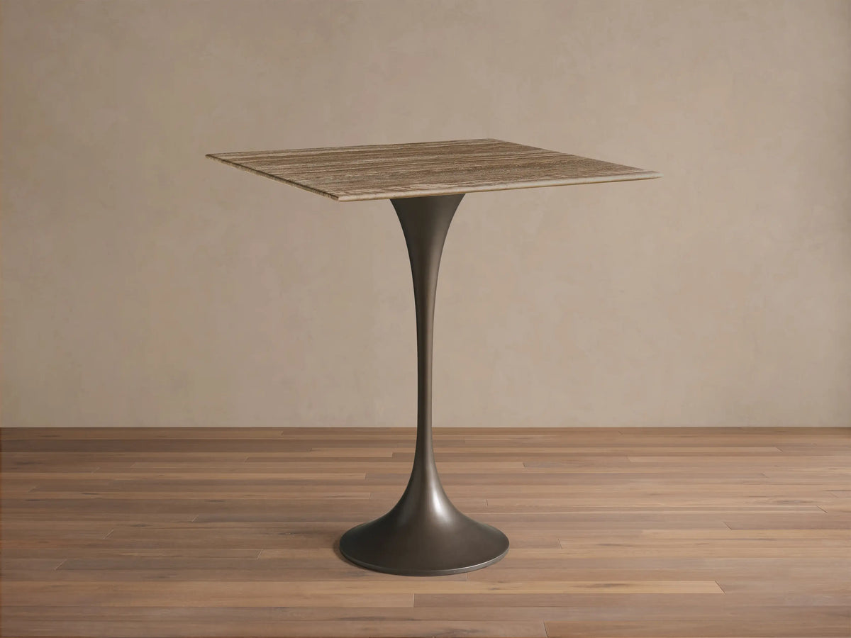 Front view of the Saint Germain Square Counter Table, featuring a light chestnut oak wood square top and a dark steel trumpet base.