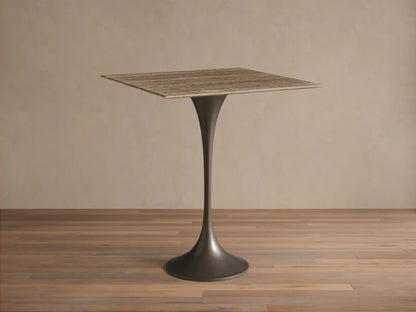 Front view of the Saint Germain Square Counter Table, featuring a light chestnut oak wood square top and a dark steel trumpet base.