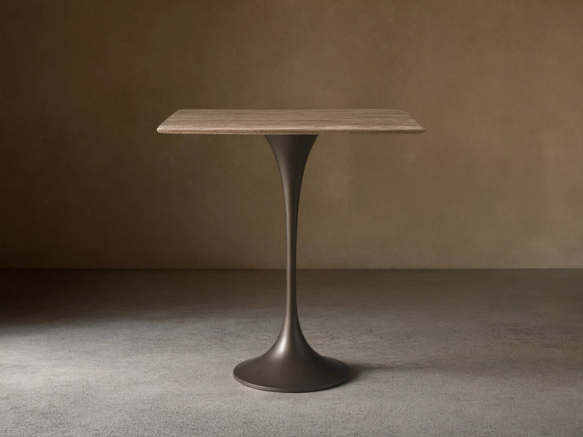 Front view of the Saint Germain Square Counter Table, featuring a light chestnut oak wood square top and a dark steel trumpet base.