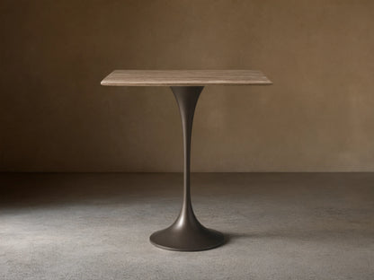 Front view of the Saint Germain Square Counter Table, featuring a light chestnut oak wood square top and a dark steel trumpet base.