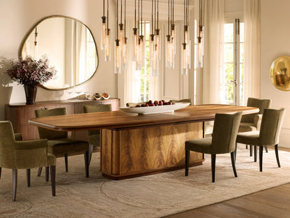 Front view of the cream upholstered Giovanni Dining Arm Chair with dark brown tapered wood legs.