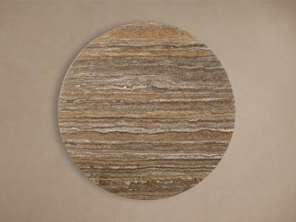 Front view of the Saint Germain Round Stone Dining Table with Toulouse Base, showing a textured light grey stone top and dark brown conical wood base.