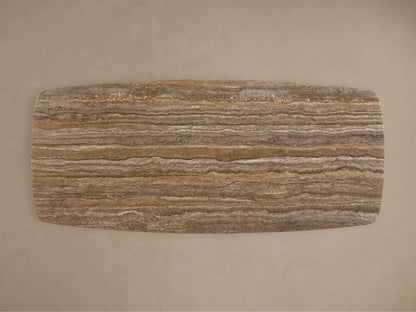 Front view of the light greige Saint Germain Stone Dining Table with Toulouse Base, striated honed stone top, dark greige wood base.