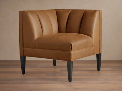 Gates Leather Corner sectional piece in warm brown recycled leather, featuring channel-stitched back and dark tapered legs.