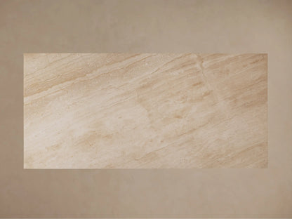 Top-down view of the Ilaria Dining Table's rectangular beige coralle marble top, with natural linear light and dark veining.