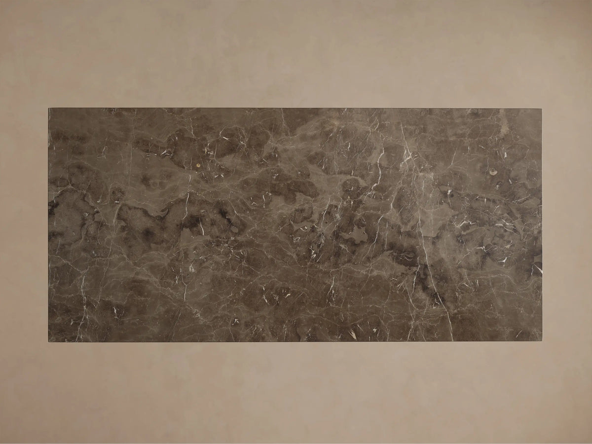Front view of a rectangular polished brown-grey marble slab with intricate white veining.