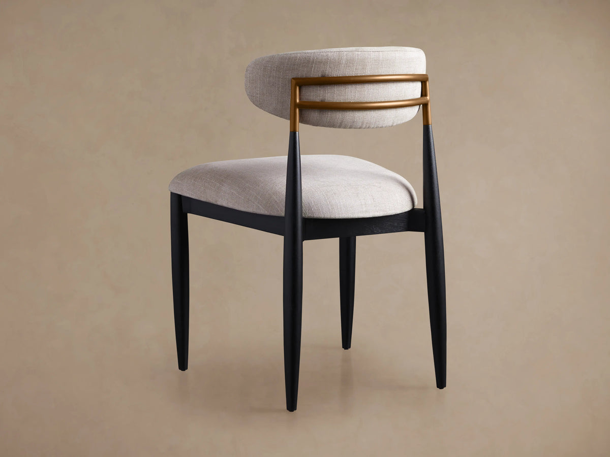Jagger Dining Side Chair, black lacquer frame, light Cary Linen seat and rounded back with brass bars.