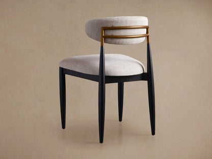 Jagger Dining Side Chair, black lacquer frame, light Cary Linen seat and rounded back with brass bars.