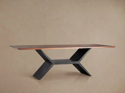 Jacob Dining Table with a rectangular brown walnut wood top on a dark, geometric vertex base, centered against a beige wall.