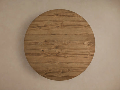 Kensington Round Reclaimed Dining Table with a French oak veneer top and a solid Finnish pine cross base, displaying natural wood grain.