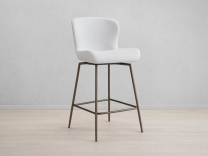 Kirsten Swivel Stool with white cushioned seat, curved backrest, and black powder-coated iron frame on wooden floor.
