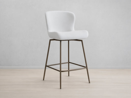 Kirsten Swivel Stool with white cushioned seat, curved backrest, and black powder-coated iron frame on wooden floor.