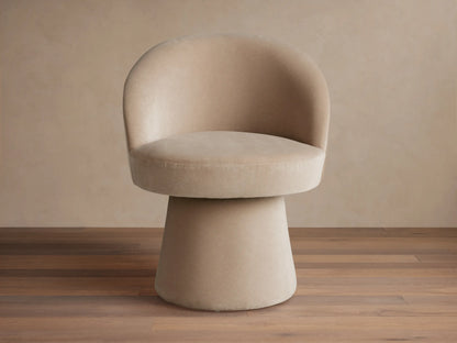 Multiple taupe Lindsay Swivel Dining Chairs, each with a rounded back and cylinder swivel base, around a dining table.