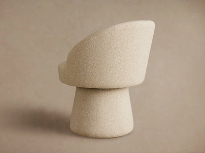 Lindsay Swivel Dining Chair with a textured beige fabric, featuring a rounded backrest and cushioned seat on a sturdy conical base, side view.