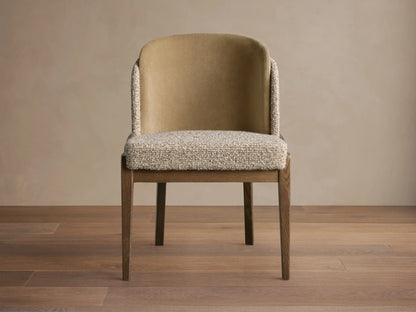 Mena Dining Chair, front view. Ash wood frame, tapered legs. Beige inner back, textured light beige seat and outer back.