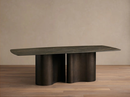 Front view of the Ortenzia Dining Table with a dark brown marble-patterned tabletop and a matte dark brown wavy base.
