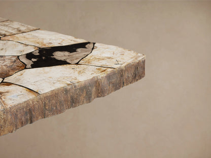 Petrified wood dining table with mosaic surface, artisan-finished iron base in dark grey, set on wooden floor against neutral wall.