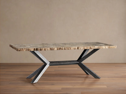 Petrified wood table with a rough-textured surface on a dark grey, antique-finished iron base, set on a wooden floor.