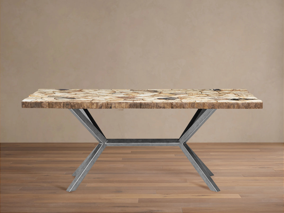 Petrified wood tabletop with irregular stone pattern in earthy tones, detailed texture, and visible iron base below.