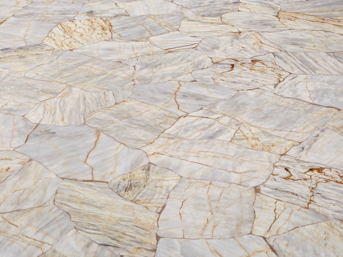 Petra Round Dining Table features a textured petrified wood surface with natural color variations and polished edges.