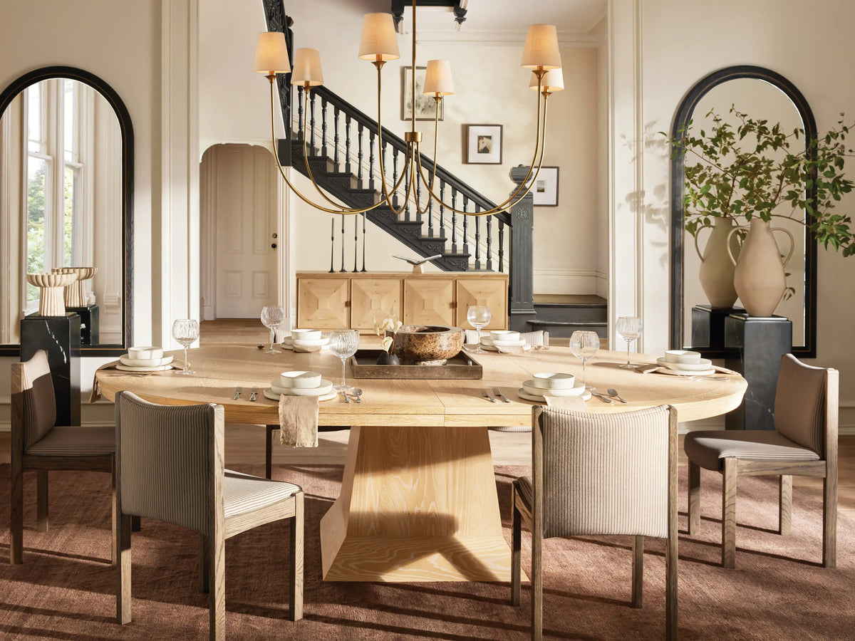 Paradiso Dining Chair, dark gray oak frame with gray upholstered seat & backrest, featuring thin black vertical stripes.