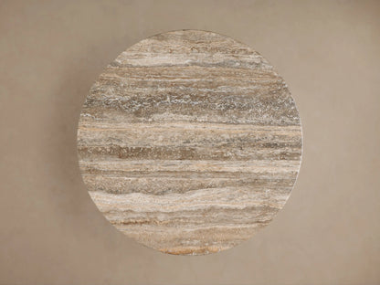 Close-up of Perth Stone Bistro Table top and base, showing natural brown, beige, and cream stone with unique veining.