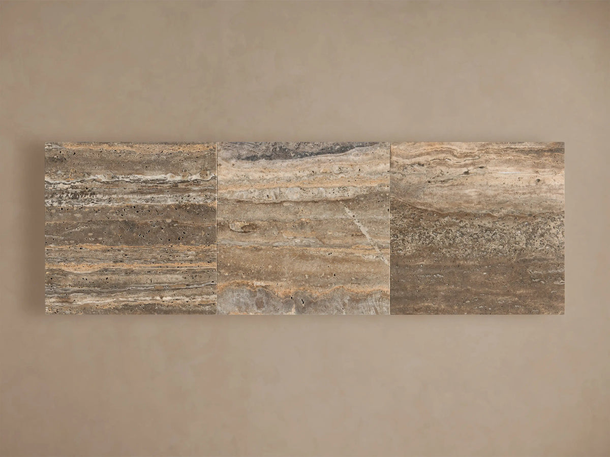 Round Perth Stone Bistro Table top, viewed from above. Features natural banded patterns in shades of brown, beige, and cream.
