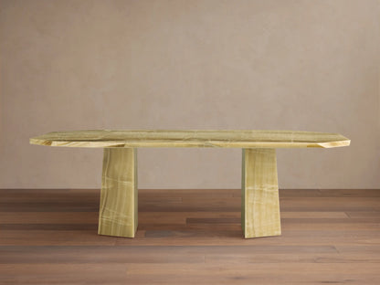 Zyra Stone Dining Table. Solid green onyx table with a rectangular top and organic edges on two thick pedestal bases.
