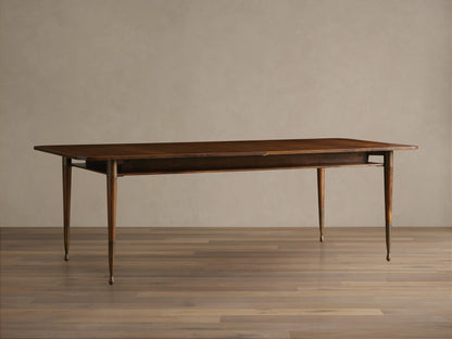 Ross Extension Dining Table in walnut wood with patina brass leg caps, featuring a mid-century design and floating shelf detail.