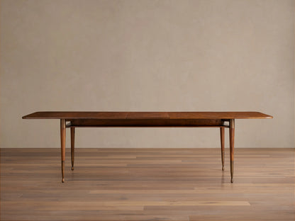 Ross Extension Dining Table made of solid walnut wood with brass leg caps, showcasing a mid-century design with a tabletop floating shelf.