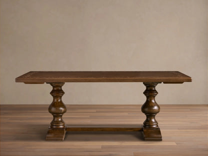 Top-down view of the dark brown wood Stefania Oval Extension Dining Table with light botanical leafy motifs.