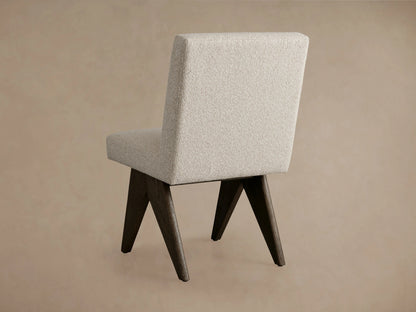 Stanley Dining Side Chair in Mocha featuring an oak wood frame with Ecru Performance Fabric upholstery, shown at an angle.