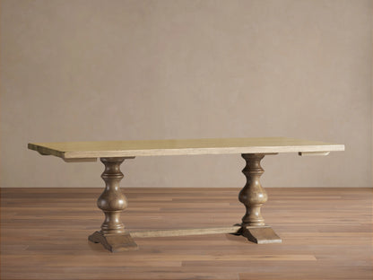 Tuscany Extension Dining Table in warm poplar wood, showing hand-turned pedestal legs, crown molding, and trestle design.