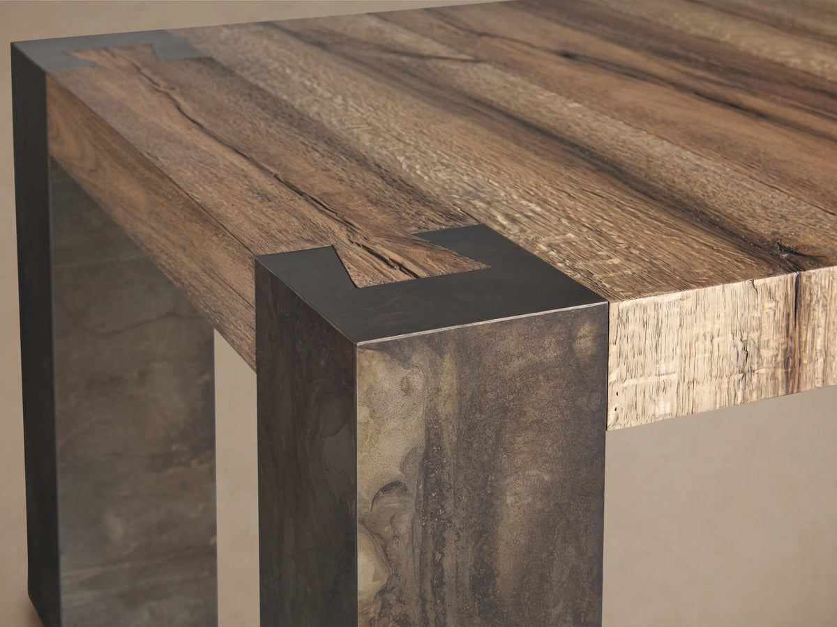 Telluride Dining Table with a rectangular oak top and four oxidized steel legs, featuring a distressed patina and natural design.