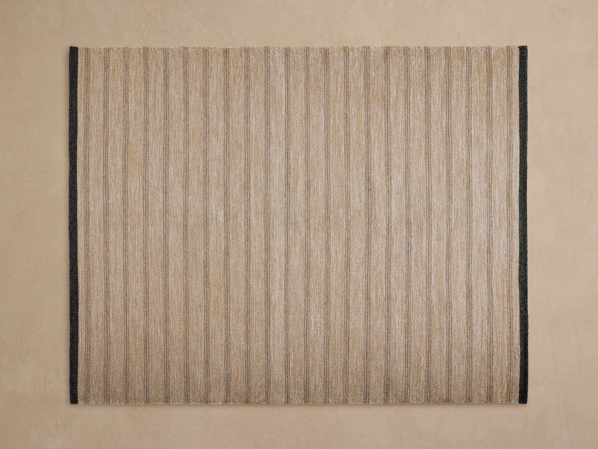Grover Performance Rug: natural beige with horizontal dark gray stripes & solid dark gray border.