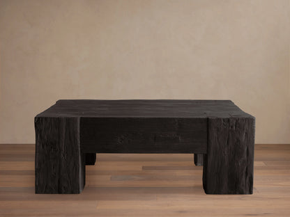 Ubud Square Coffee Table made of reclaimed teak wood with a deep black Shou Sugi Ban finish, exhibiting a textured, charred appearance.
