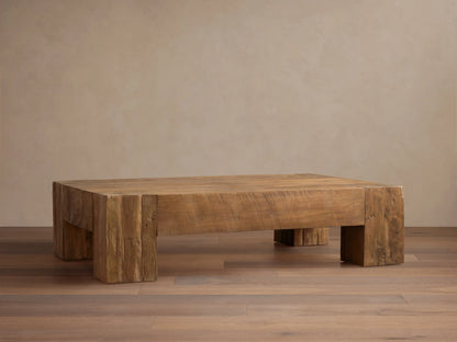 Ubud Coffee Table: low, rectangular, light brown reclaimed teak wood with visible grain, knots, and natural texture.