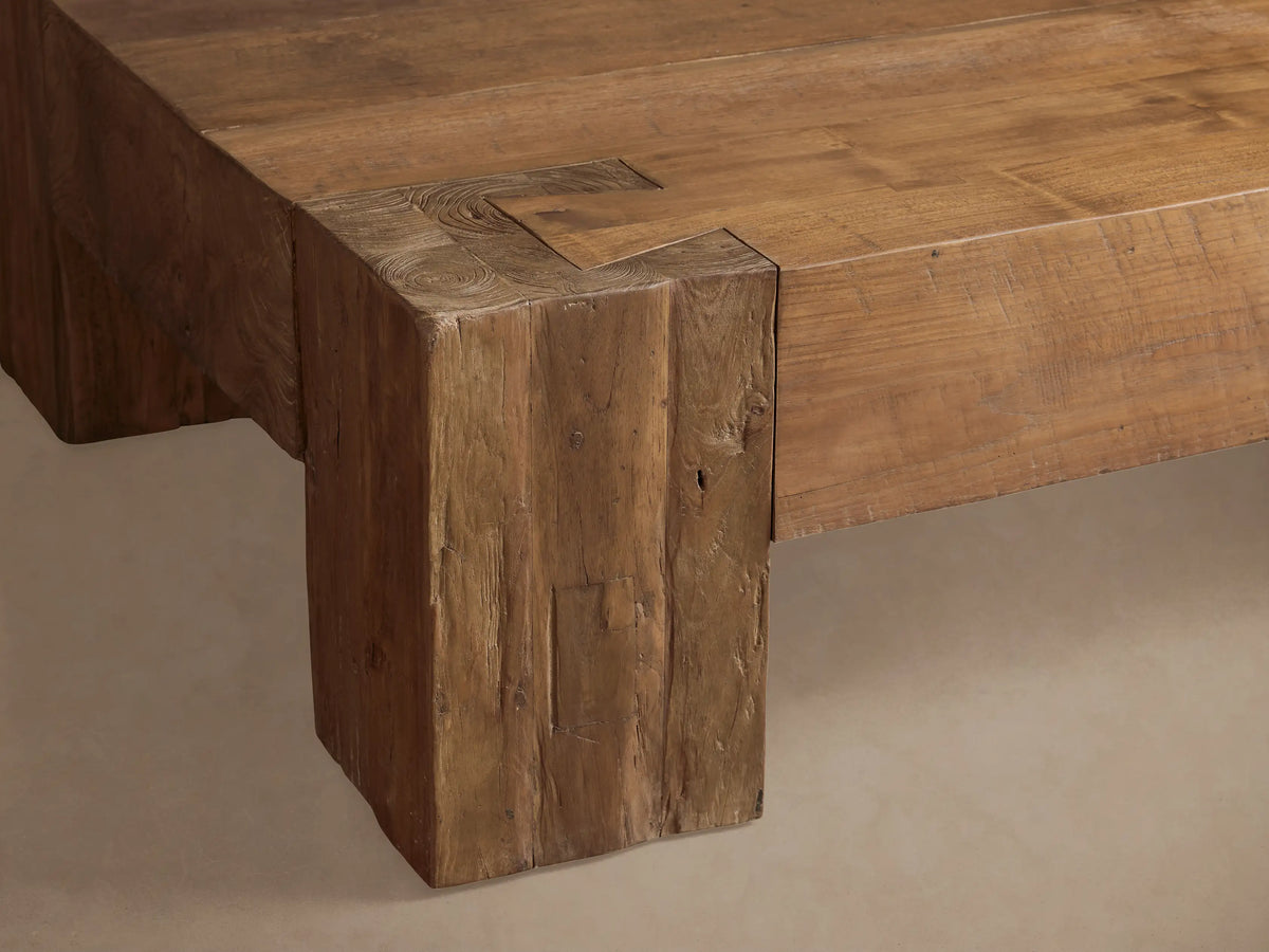 Ubud Coffee Table, rectangular and low, made from natural waxed reclaimed teak wood with visible grain & rustic imperfections.