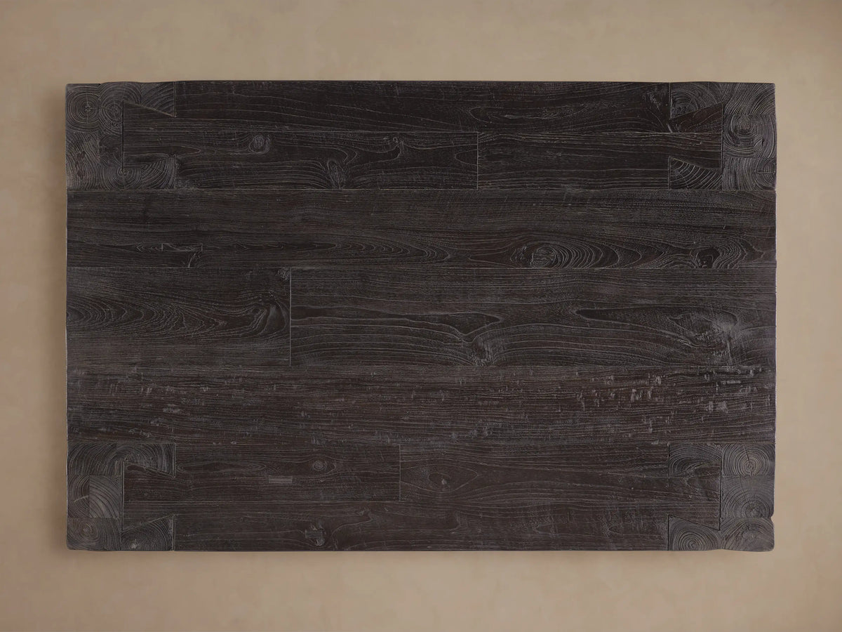 Close-up of Ubud Coffee Table in dark Shou Sugi Ban reclaimed teak, showing thick, textured wood grain and block construction.